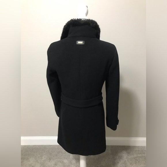 Calvin Klein Black Belted faux fur collar Coat - Picture 4 of 12